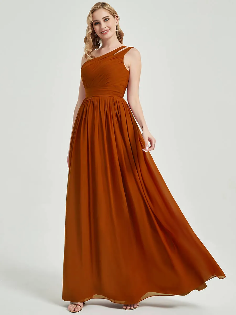 Rusty Red One Shoulder A-Line Floor Length Chiffon Bridesmaid Dress