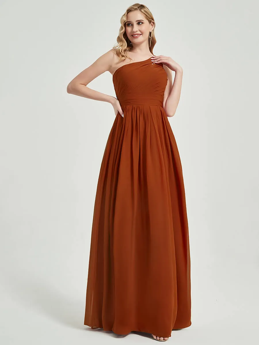 Rusty Red One Shoulder A-Line Floor Length Chiffon Bridesmaid Dress