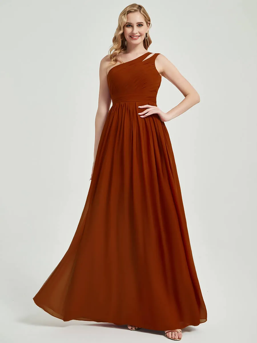 Rusty Red One Shoulder A-Line Floor Length Chiffon Bridesmaid Dress