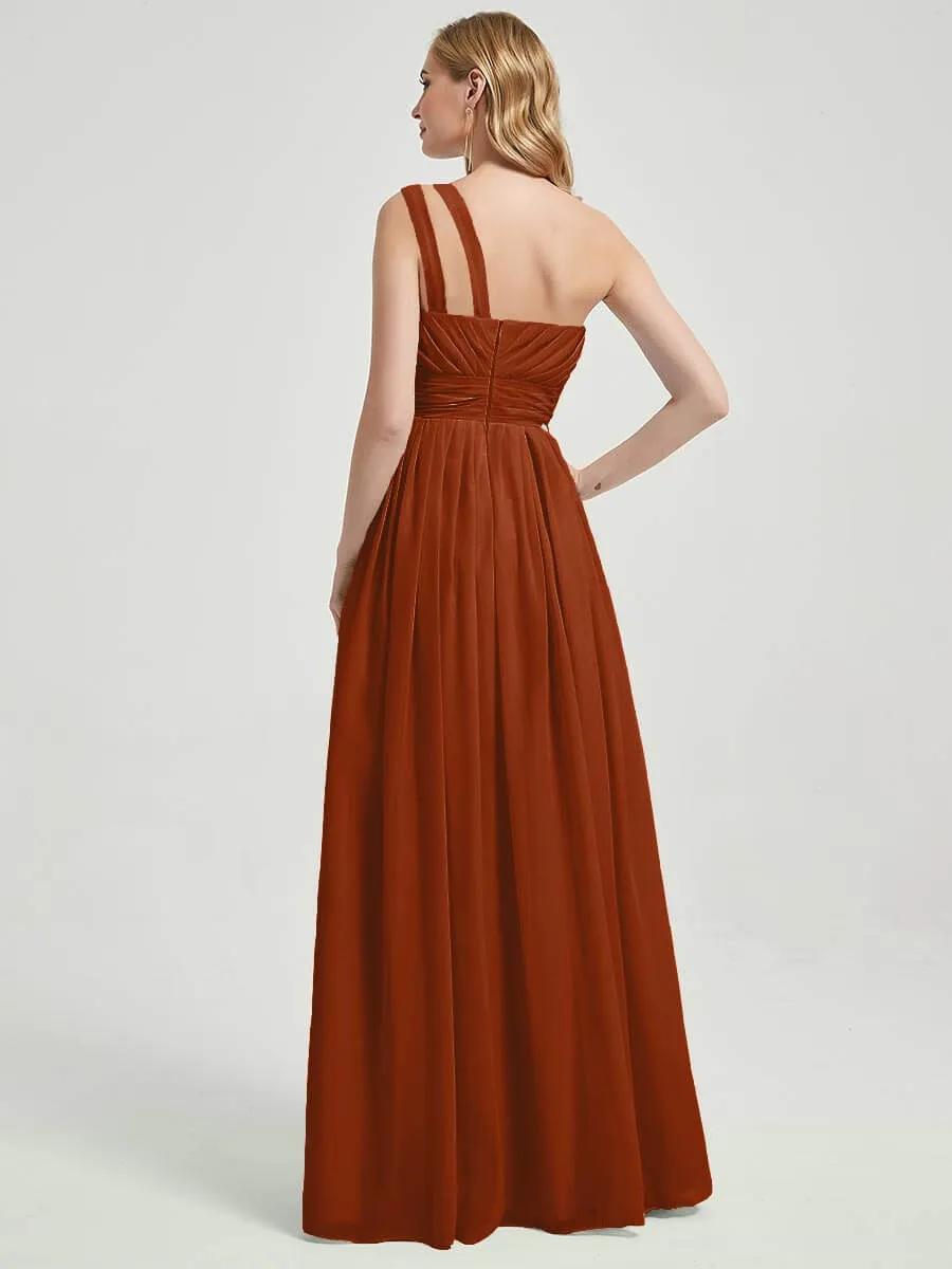 Rusty Red One Shoulder A-Line Floor Length Chiffon Bridesmaid Dress