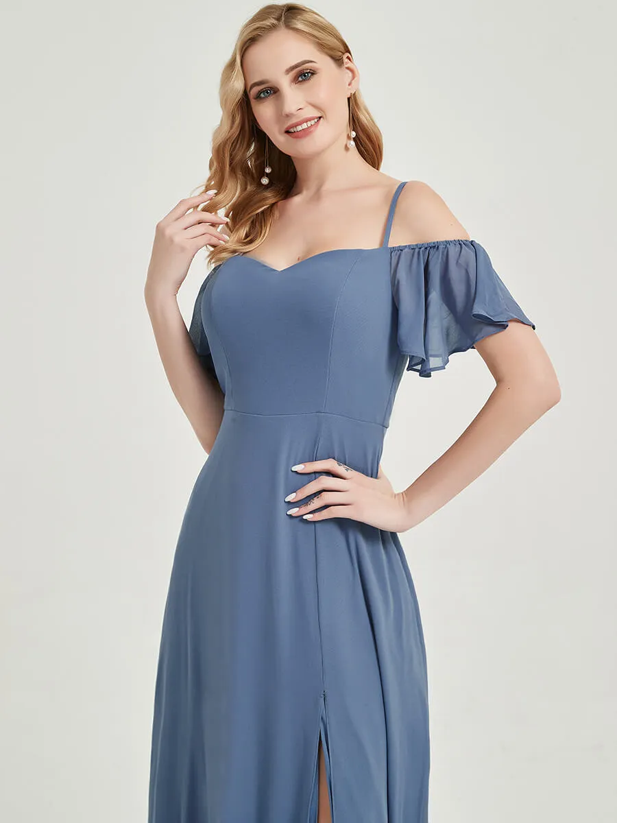 Sage Short Ruffle Sleeves Sweetheart Chiffon Bridesmaid Dress