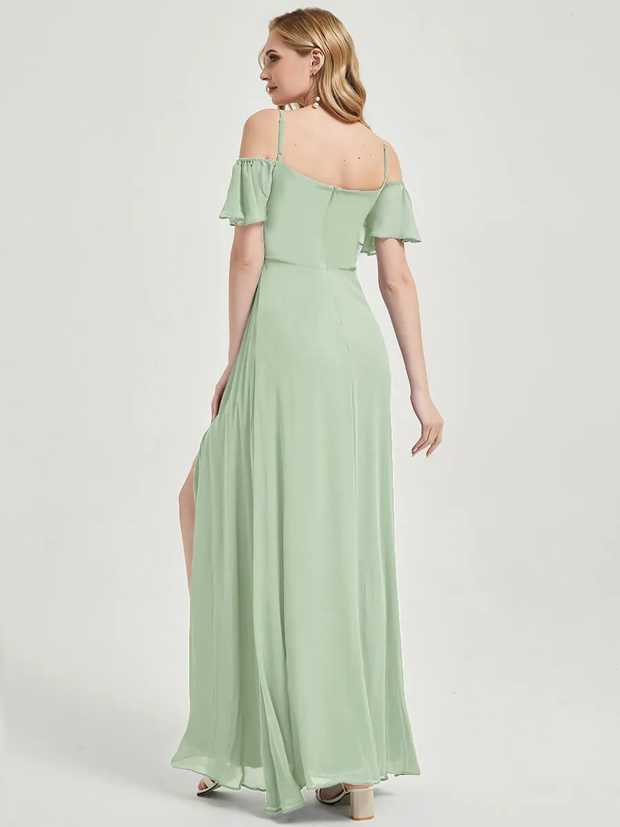 Sage Short Ruffle Sleeves Sweetheart Chiffon Bridesmaid Dress