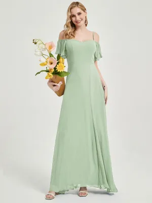 Sage Short Ruffle Sleeves Sweetheart Chiffon Bridesmaid Dress