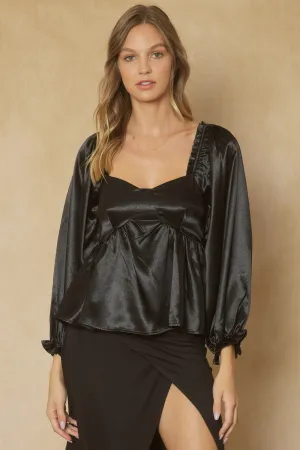Satin Bubble Sleeve Blouse {Black}