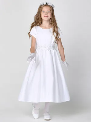 Satin First Communion Dress w/ Silver Corded Waist – SP185