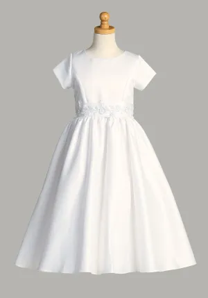 Satin First Communion Dress w/ Silver Corded Waist – SP185