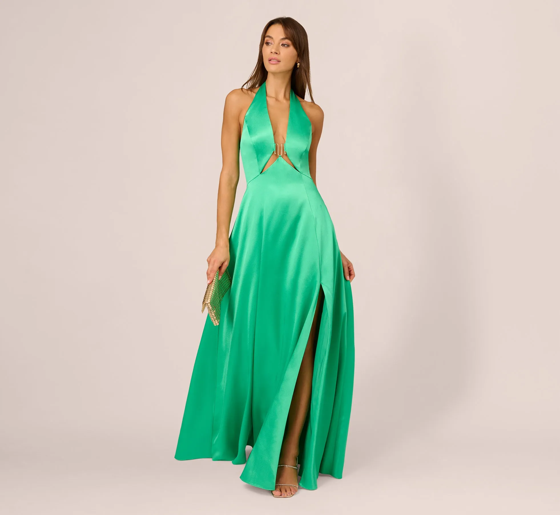 Satin Halter Gown With Cutout Bodice And Metal Accent In Flora