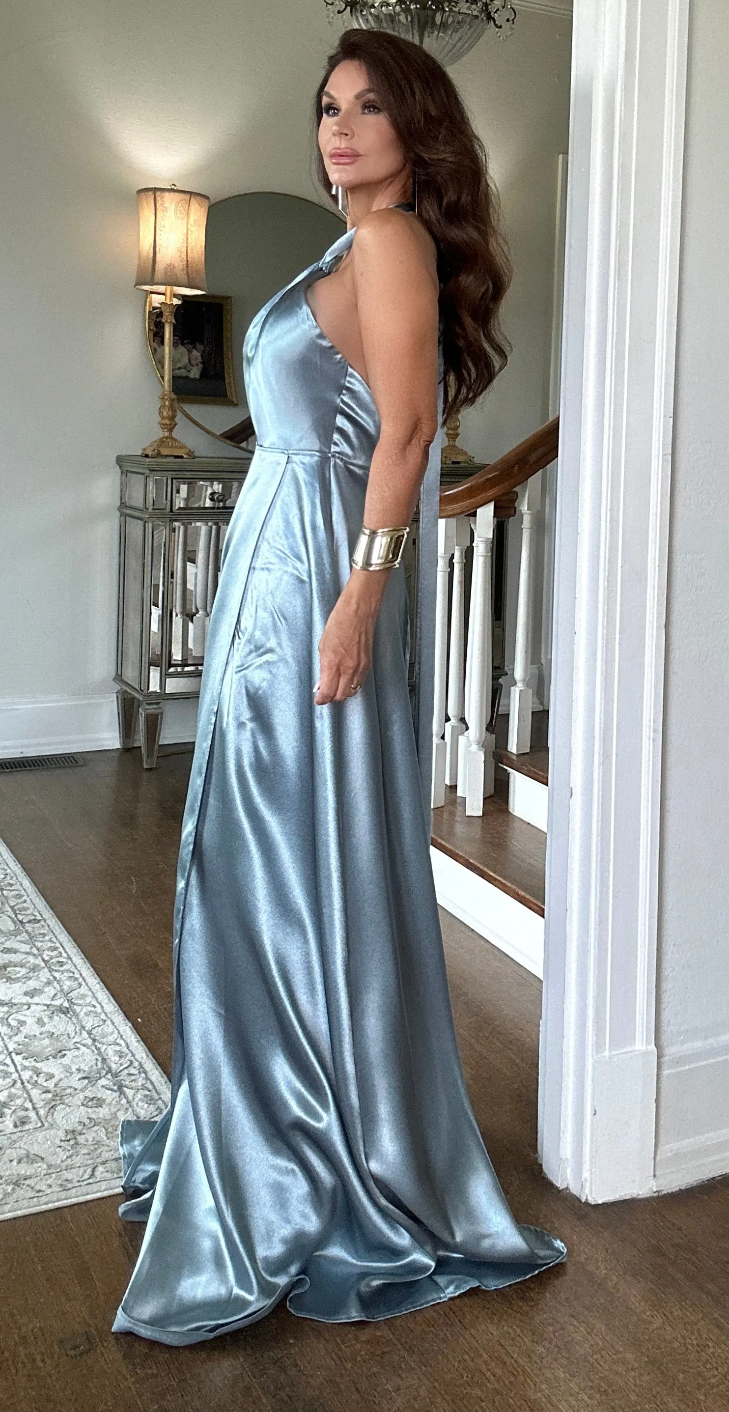 Shawna steel blue silk halter maxi with slit