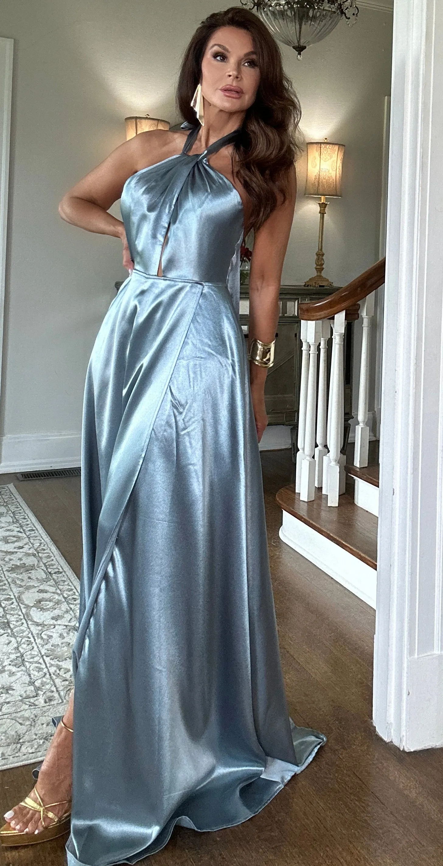 Shawna steel blue silk halter maxi with slit