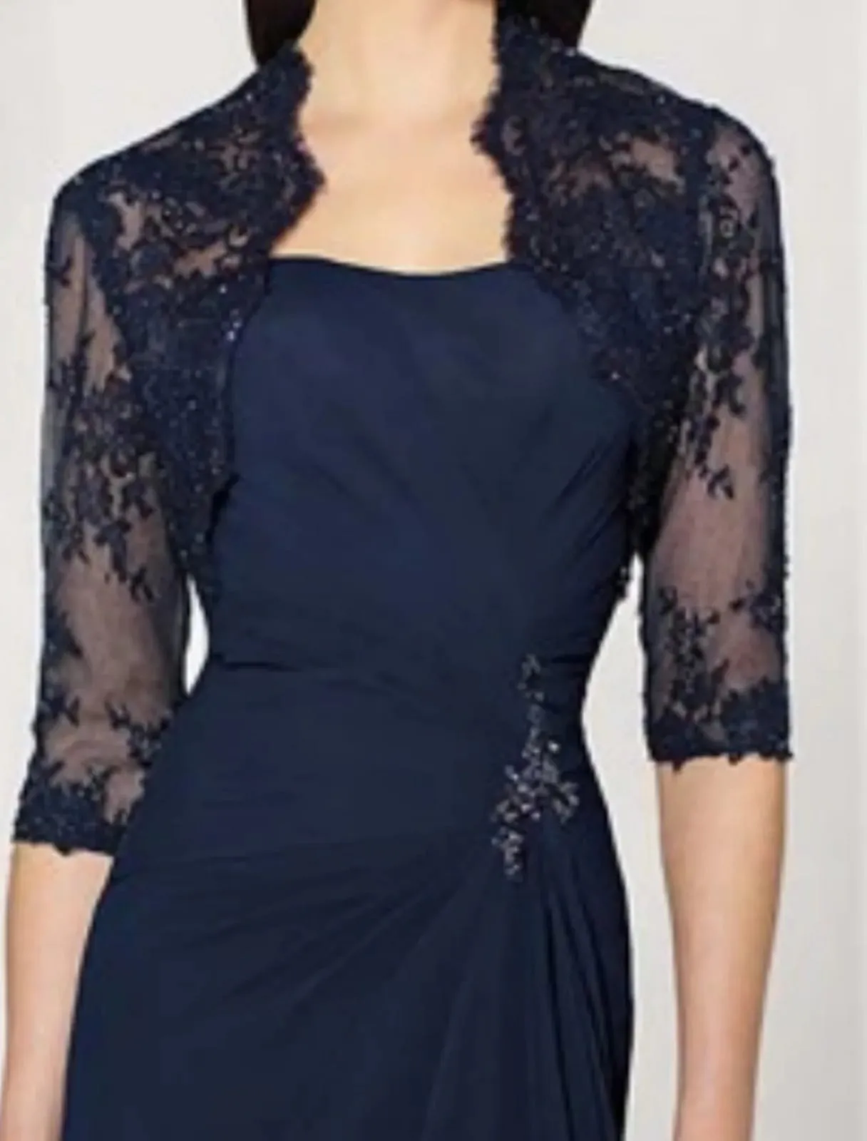 Sheath Navy Lace Wrap Sleeve Chiffon Sweep Mother of Bride/Wedding Guest Dress