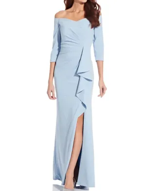 Sheath Off Shoulder Floor Length Split Satin Mother of Bride/Wedding Guest Dress