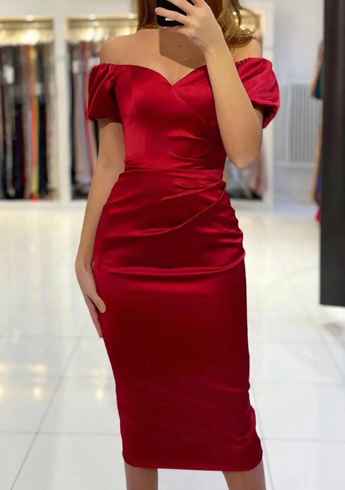 Sheath Off Shoulder Sweetheart Short Sleeve Tea-Length Burgundy Satin Prom Dress