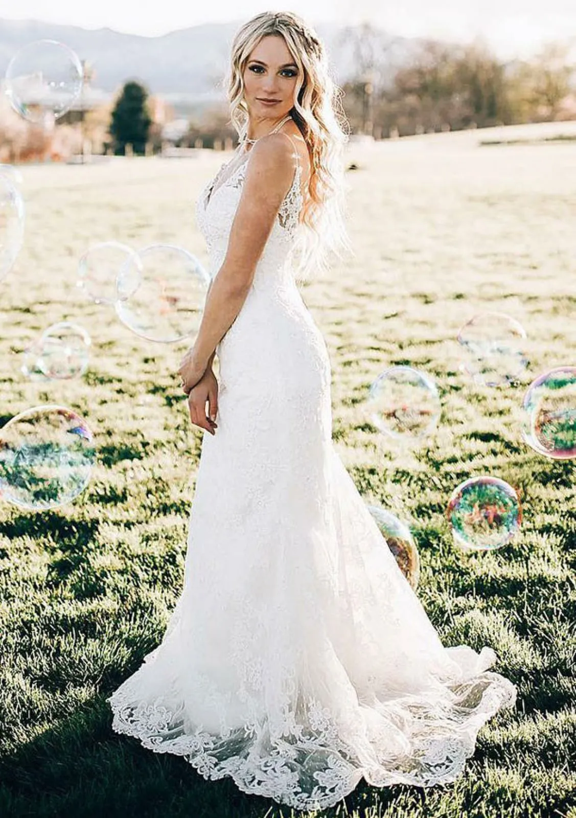Sheath/Column V-Neck Straps Court Train Lace Wedding Bridal Dress