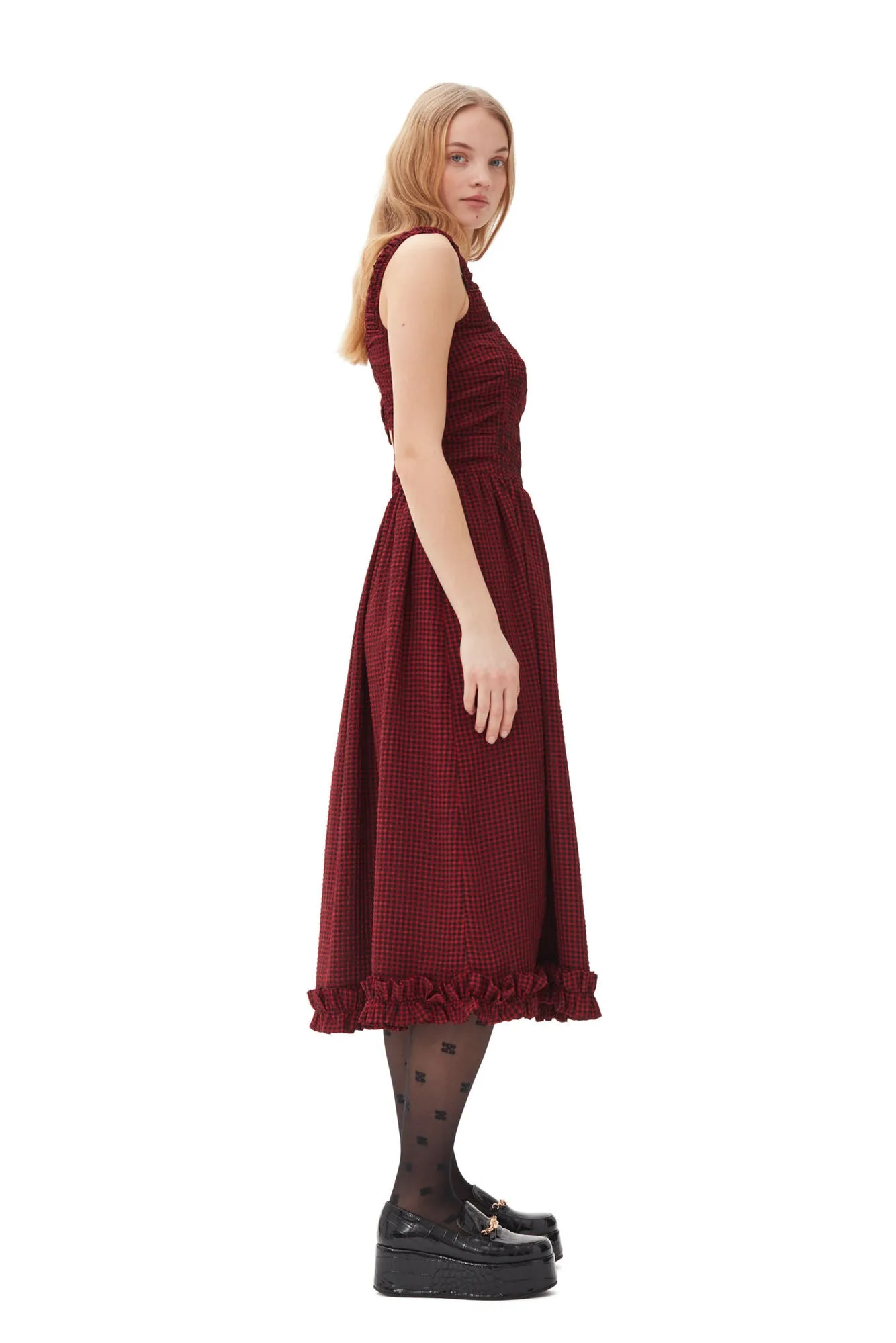 Sheer Fluid Check Midi Strap Smock Dress