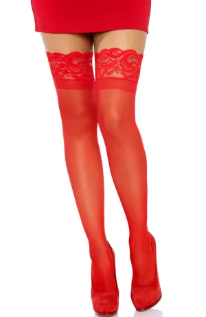 Sheer red stay-ups with silicone lace top