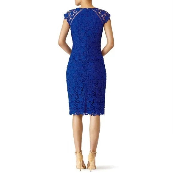 Shoshanna Jesslyn Embroidered Lace Dress Cap Sleeves Knee Length Cobalt Blue - 8