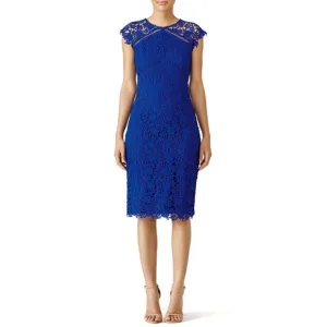Shoshanna Jesslyn Embroidered Lace Dress Cap Sleeves Knee Length Cobalt Blue - 8