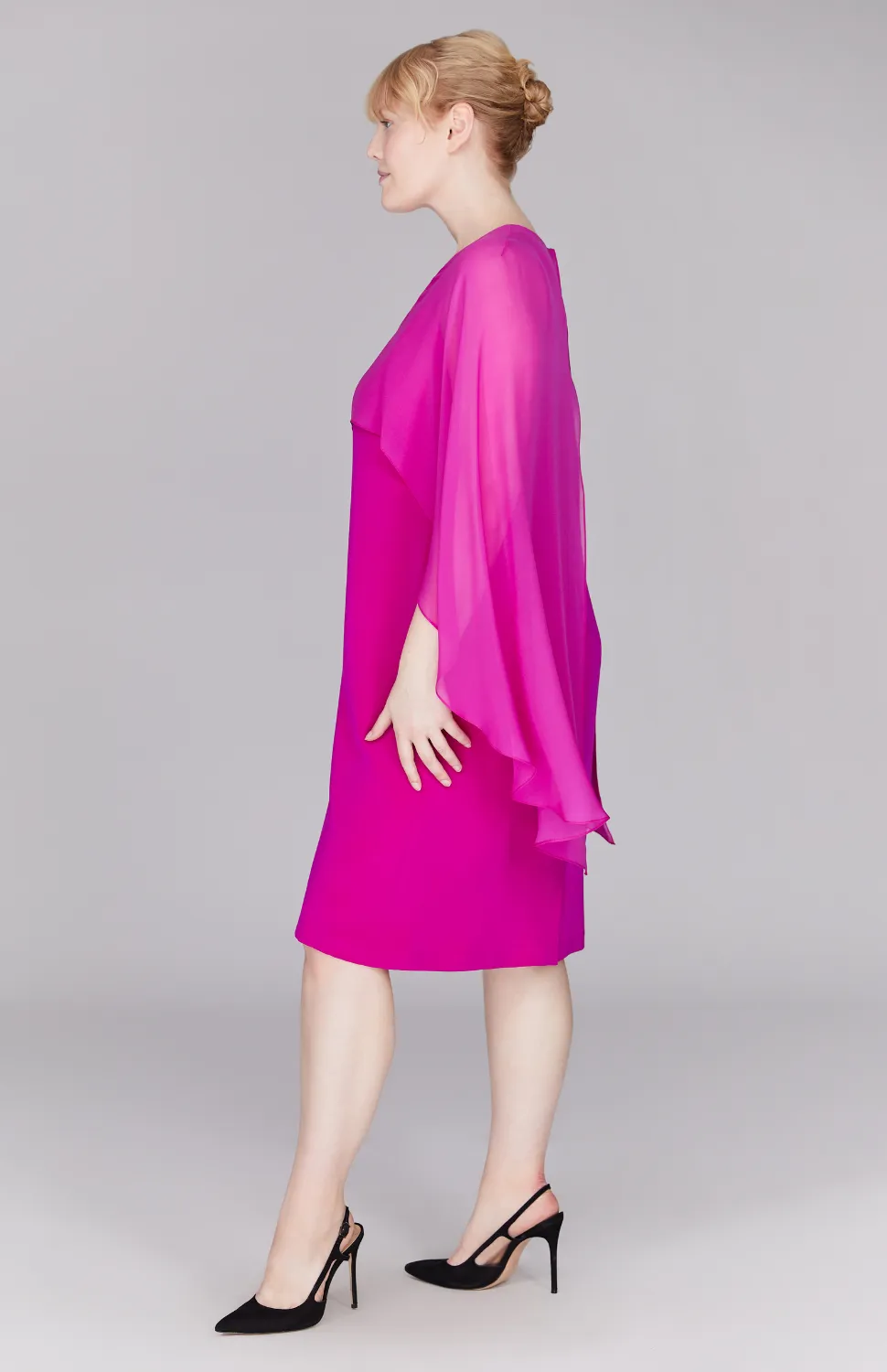 Silk Dress w/Chiffon V Neck Overlay