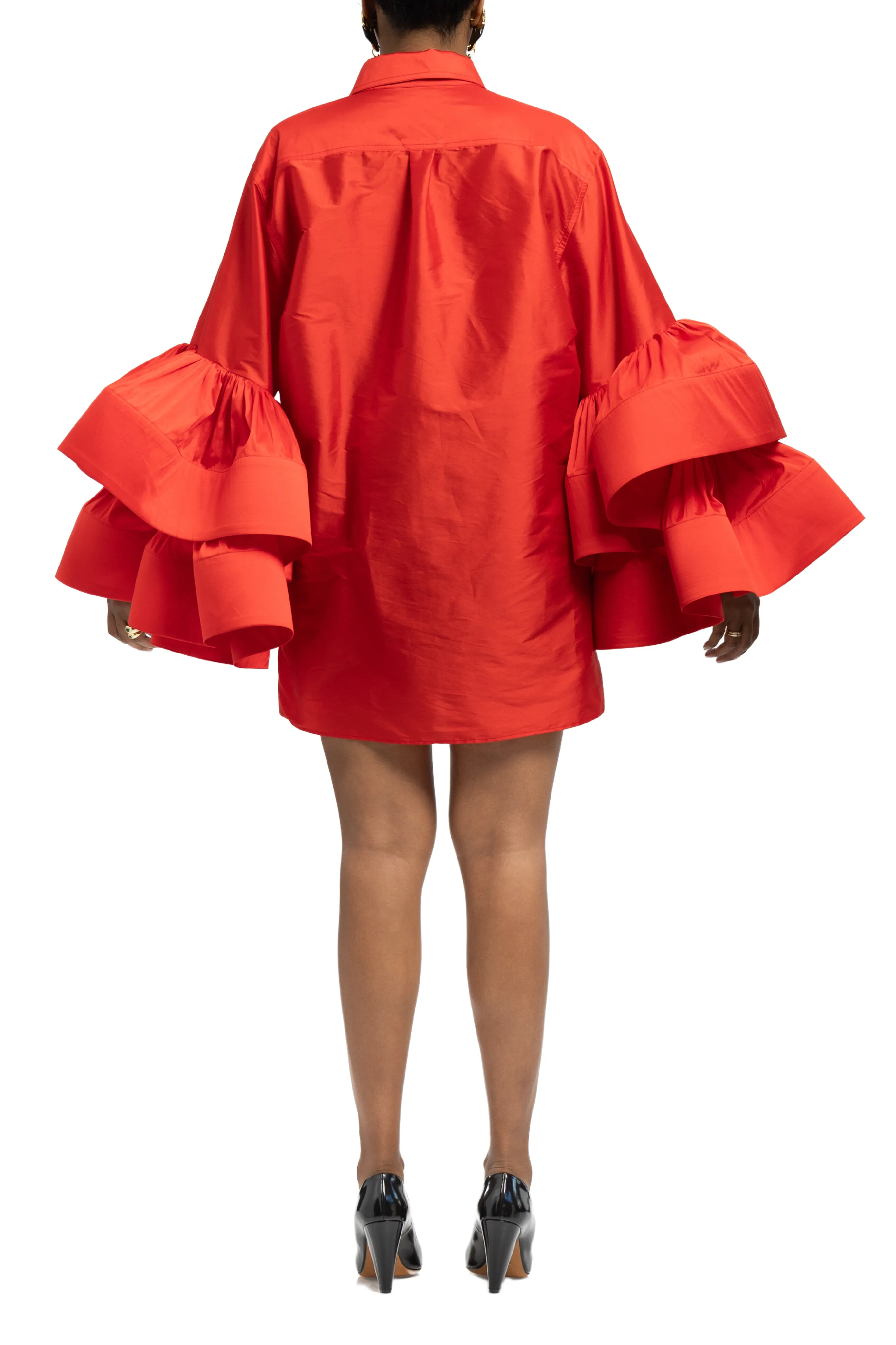 Silk Jumbo Ruffle Sleeve Mini Shirt Dress