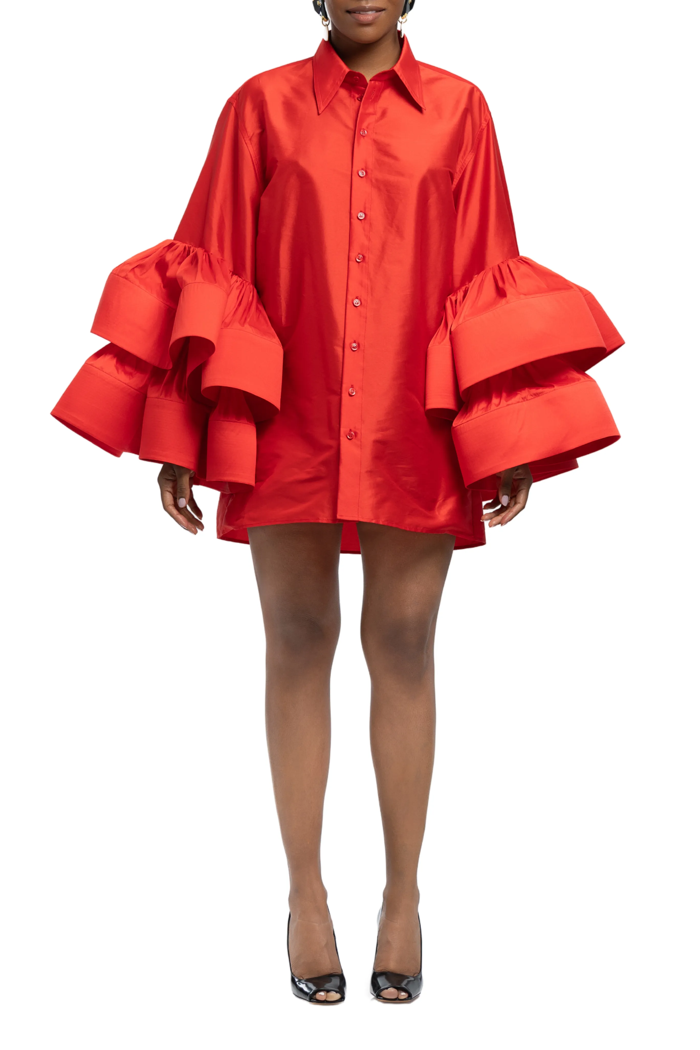 Silk Jumbo Ruffle Sleeve Mini Shirt Dress