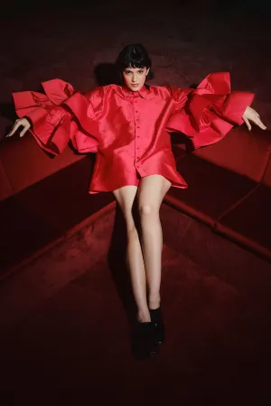 Silk Jumbo Ruffle Sleeve Mini Shirt Dress