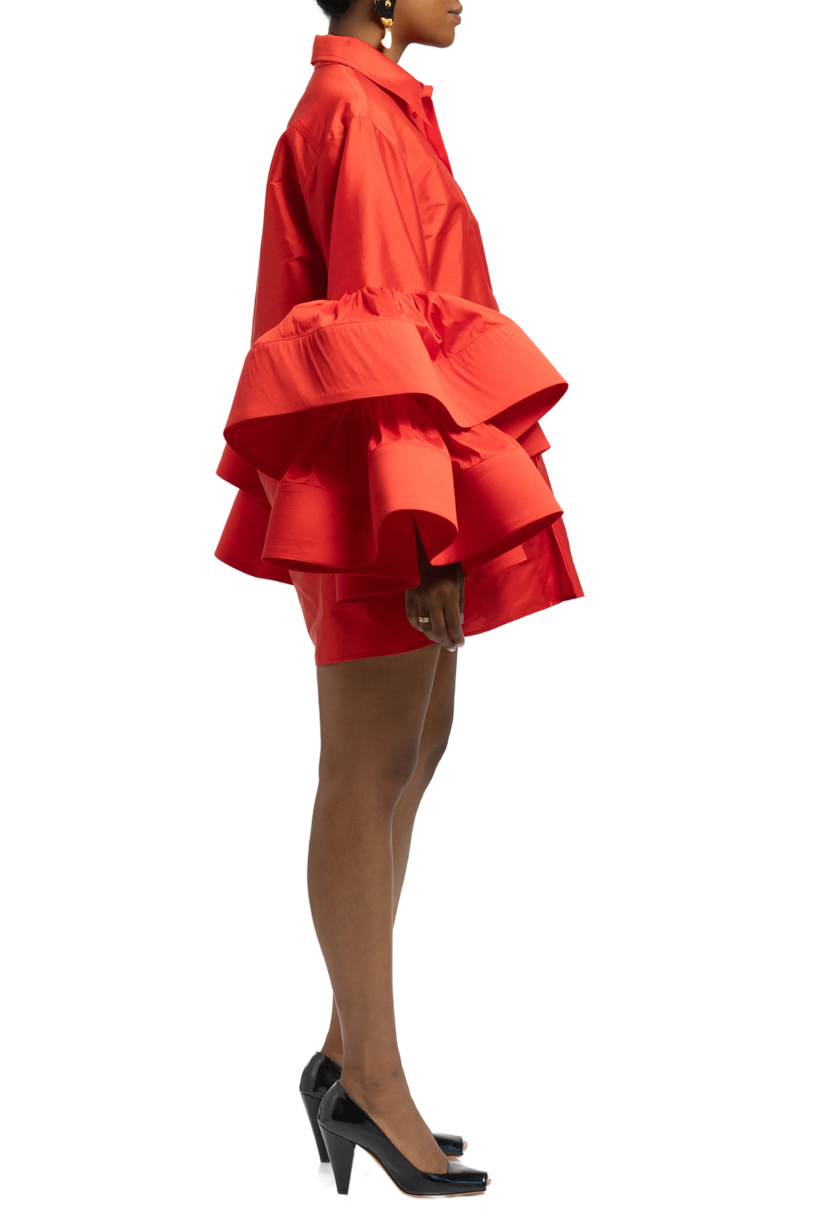 Silk Jumbo Ruffle Sleeve Mini Shirt Dress