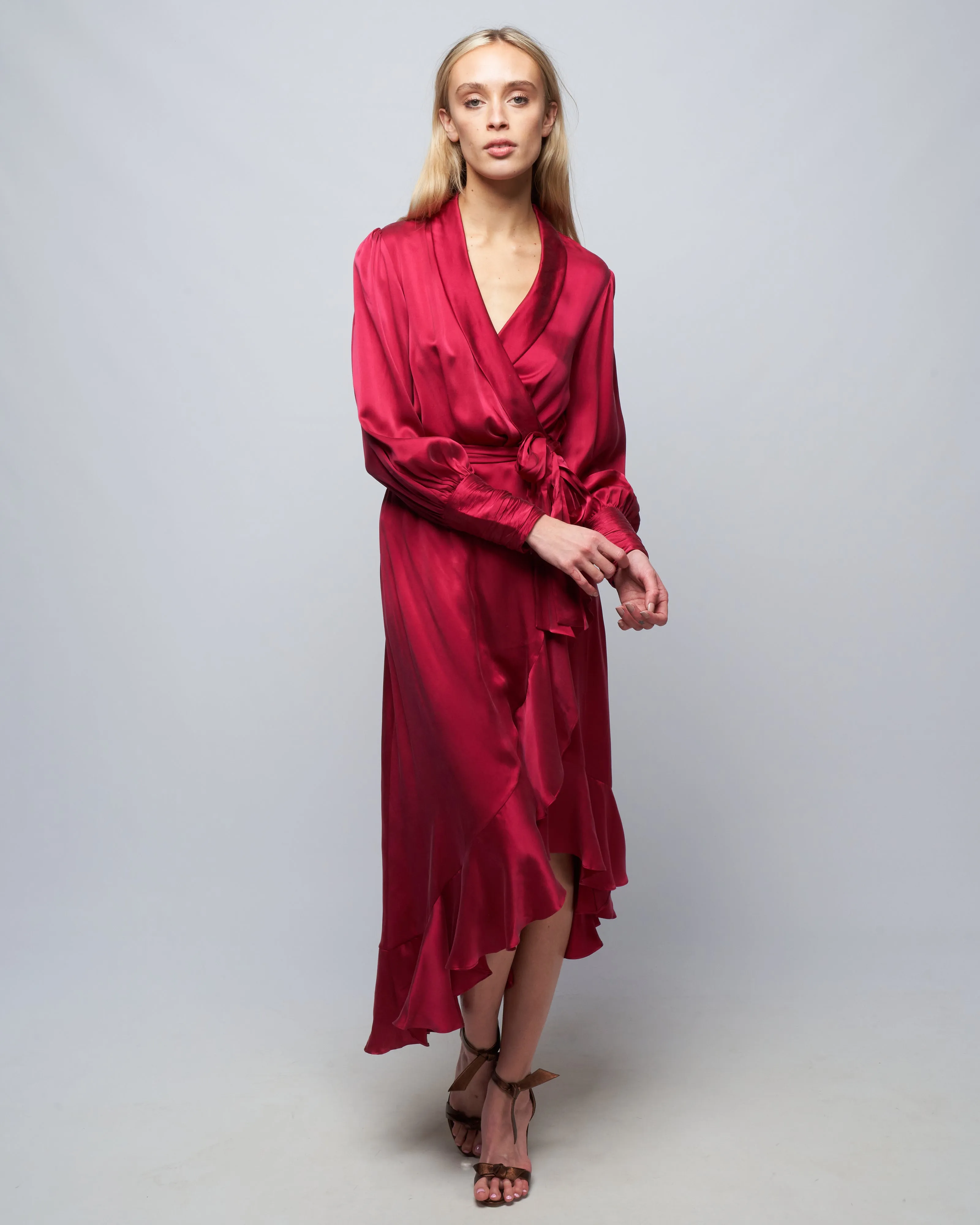 silk wrap midi dress - berry