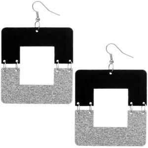Silver Black Square Wooden Glitter Link Earrings