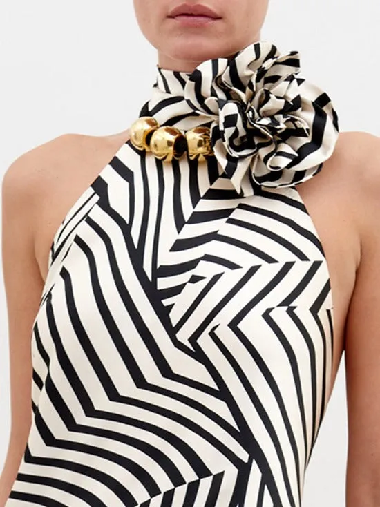 Silvia Tcherassi Tila Dress in Beige Black Stripes