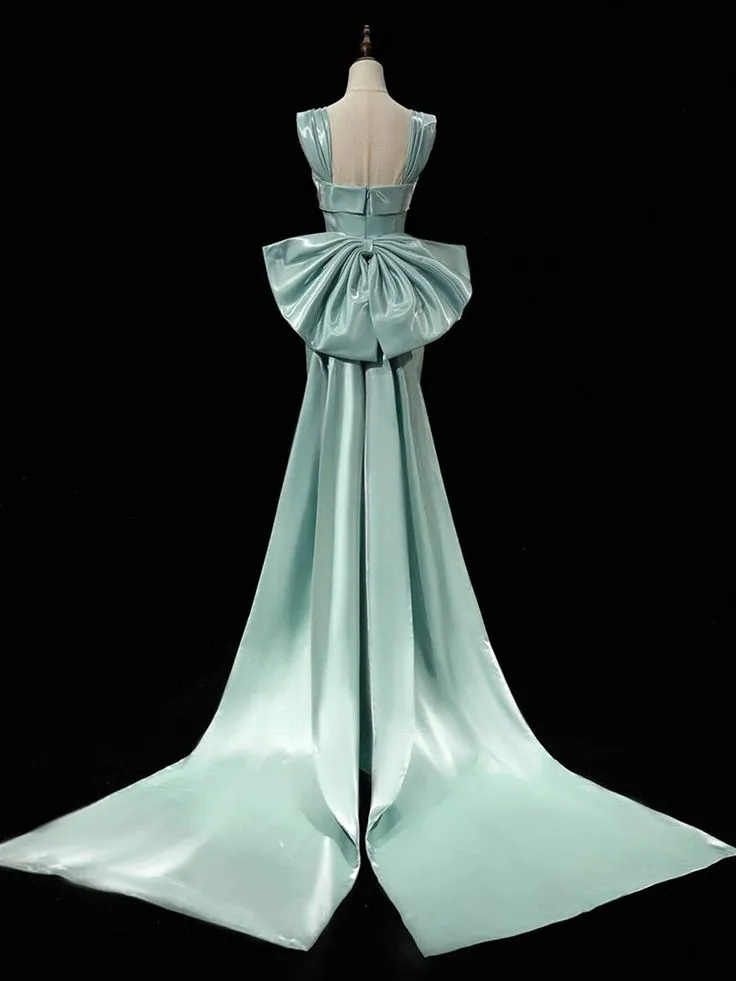 Simple Satin Bow Tie Green Long Prom Dress, Green Long Formal Dress       fg6091