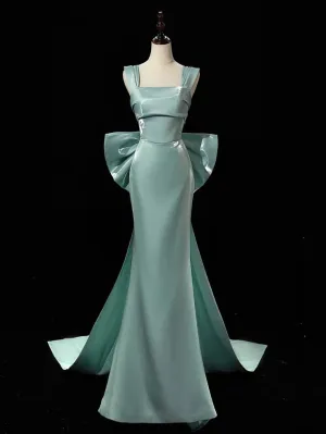 Simple Satin Bow Tie Green Long Prom Dress, Green Long Formal Dress       fg6091