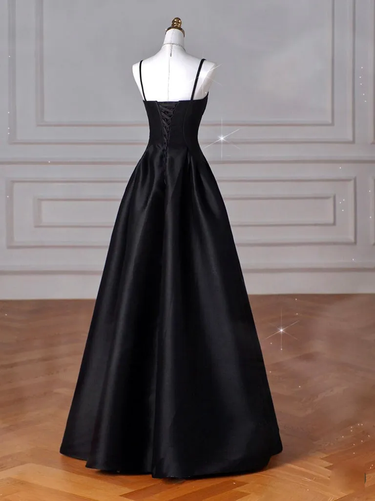 Simple Sweetheart Neck Satin Black Long Prom Dress, Black Long Formal Dress