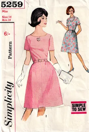 Simplicity 5259 Womens Short Sleeved Fit & Flared Dress with Belt 1960s Vintage Sewing Pattern Size 14 Bust 34 inches