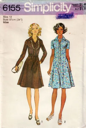 Simplicity 6155 Womens Classic Fit & Flared Shirtdress 1970s Vintage Sewing Pattern Size 12 Bust 34 inches UNCUT Factory Folded