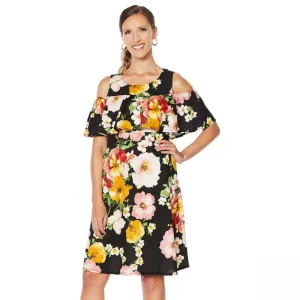 Slinky Brand Women's Printed Fit and Flare Ruffle Overlay Knit Dress