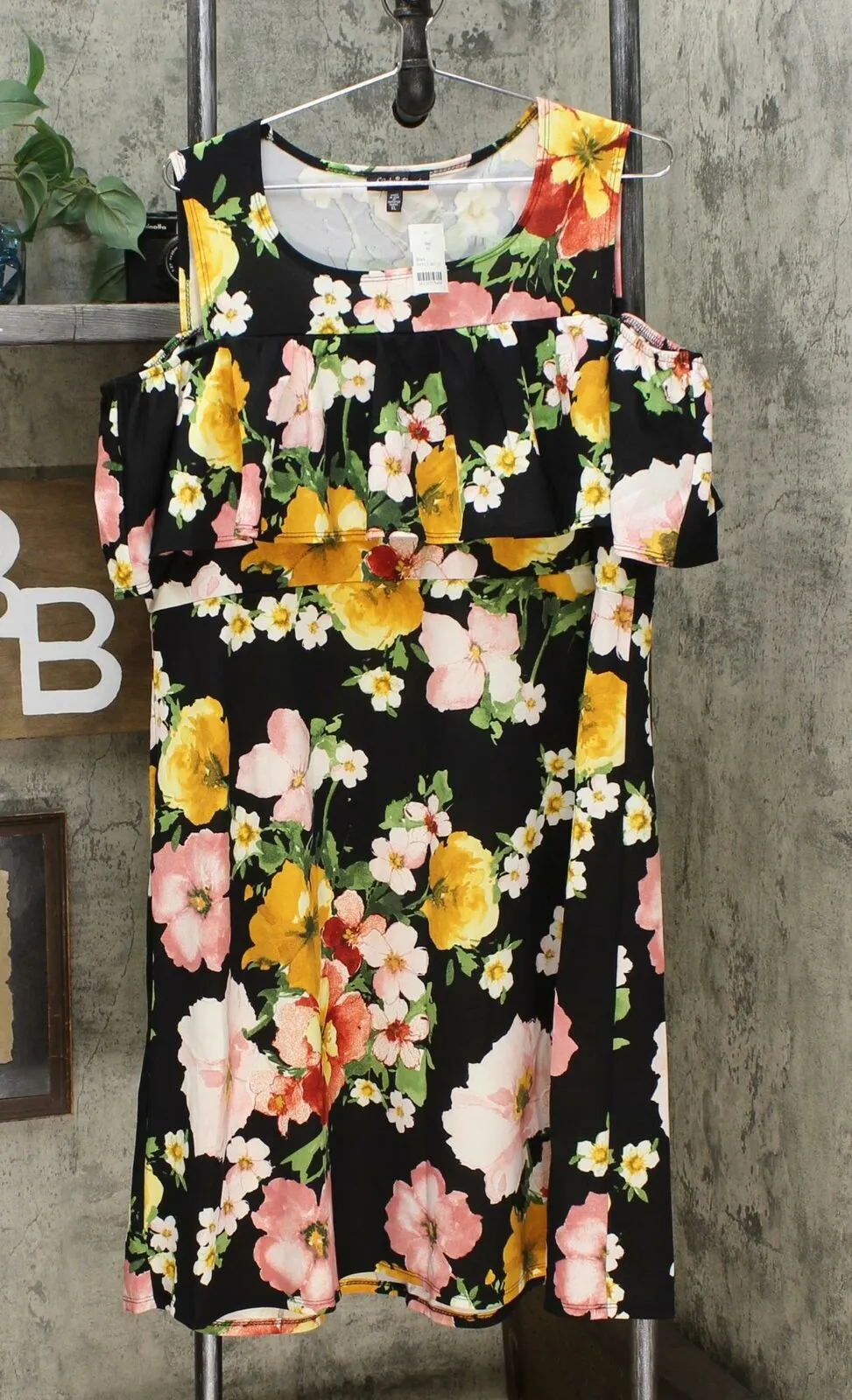 Slinky Brand Women's Printed Fit and Flare Ruffle Overlay Knit Dress