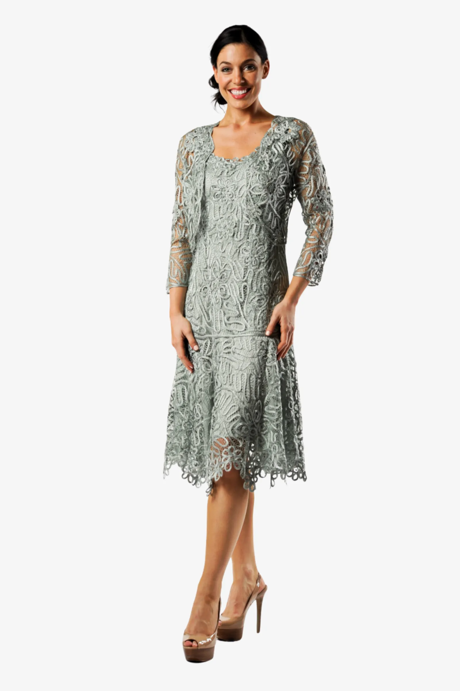 Soulmates C9126 Silk Beaded Tea Length Dress with Bolero Jacket Set