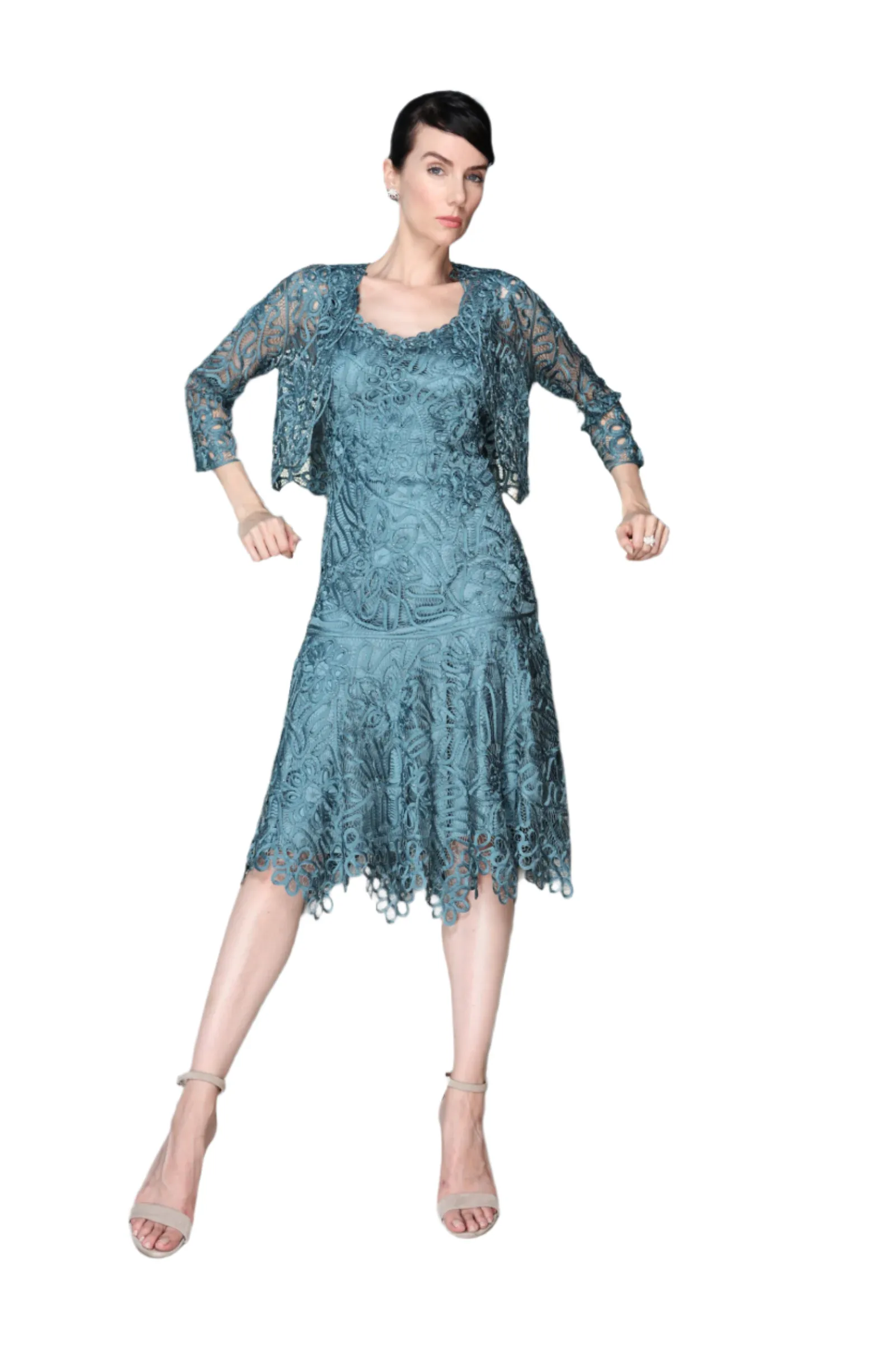 Soulmates C9126 Silk Beaded Tea Length Dress with Bolero Jacket Set
