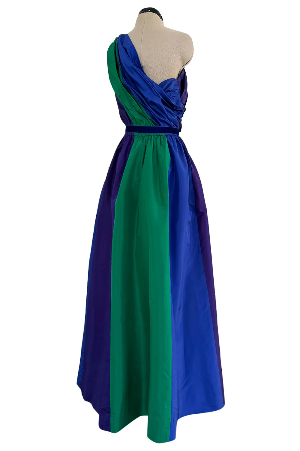 Spectacular 1970s Givenchy One Shoulder Silk Dress w Brilliant Blue, Deep Purple & Emerald Green Panels