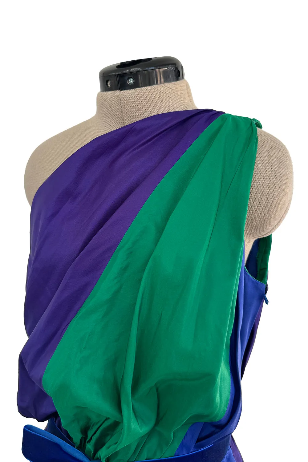 Spectacular 1970s Givenchy One Shoulder Silk Dress w Brilliant Blue, Deep Purple & Emerald Green Panels