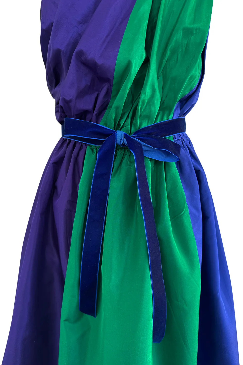 Spectacular 1970s Givenchy One Shoulder Silk Dress w Brilliant Blue, Deep Purple & Emerald Green Panels