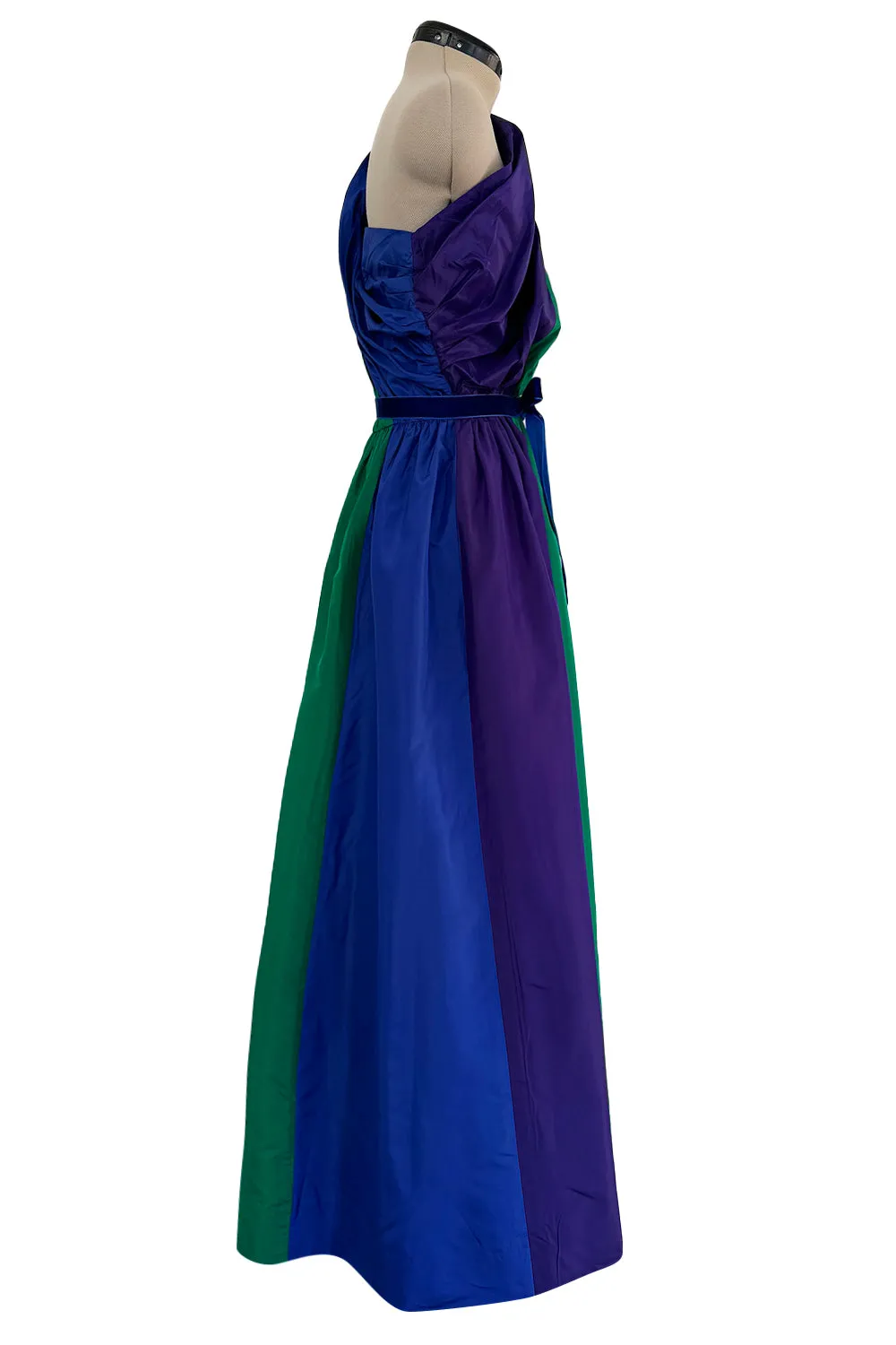 Spectacular 1970s Givenchy One Shoulder Silk Dress w Brilliant Blue, Deep Purple & Emerald Green Panels