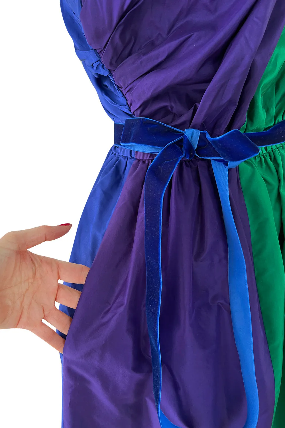 Spectacular 1970s Givenchy One Shoulder Silk Dress w Brilliant Blue, Deep Purple & Emerald Green Panels