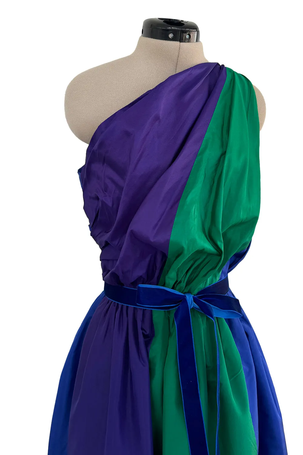 Spectacular 1970s Givenchy One Shoulder Silk Dress w Brilliant Blue, Deep Purple & Emerald Green Panels