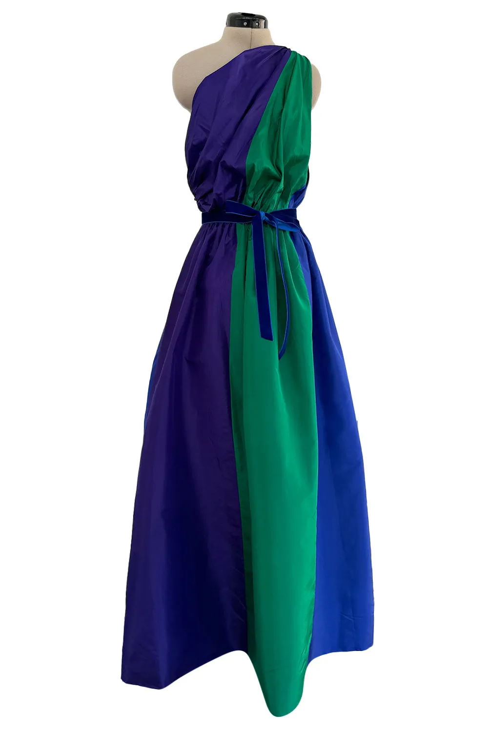 Spectacular 1970s Givenchy One Shoulder Silk Dress w Brilliant Blue, Deep Purple & Emerald Green Panels