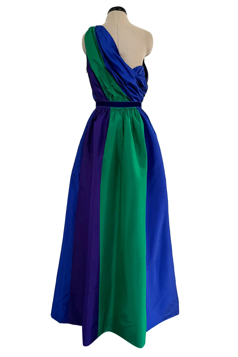 Spectacular 1970s Givenchy One Shoulder Silk Dress w Brilliant Blue, Deep Purple & Emerald Green Panels