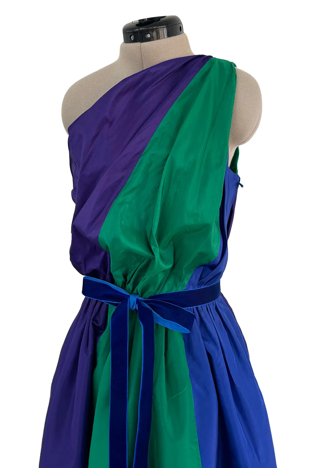 Spectacular 1970s Givenchy One Shoulder Silk Dress w Brilliant Blue, Deep Purple & Emerald Green Panels