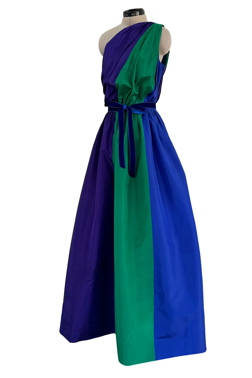Spectacular 1970s Givenchy One Shoulder Silk Dress w Brilliant Blue, Deep Purple & Emerald Green Panels