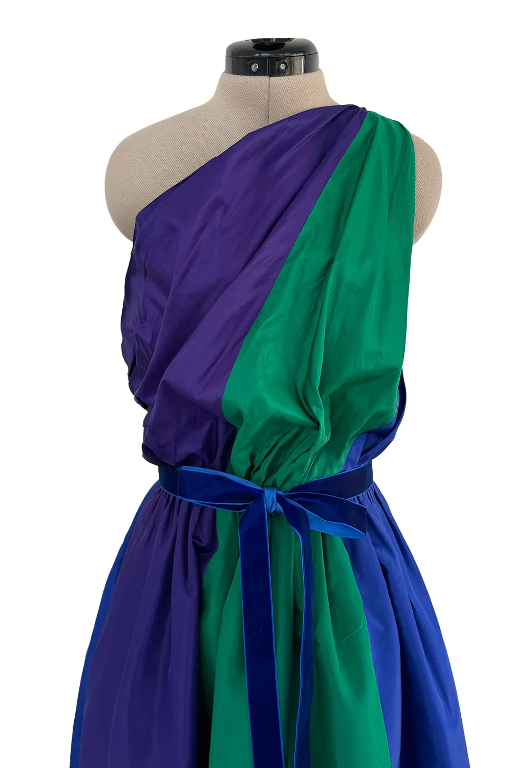 Spectacular 1970s Givenchy One Shoulder Silk Dress w Brilliant Blue, Deep Purple & Emerald Green Panels