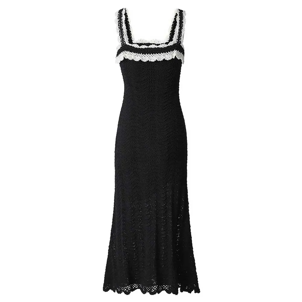 Square Neck Midi Black Dress Body-Con Slim Fit Chic A-Line Cocktail Dress